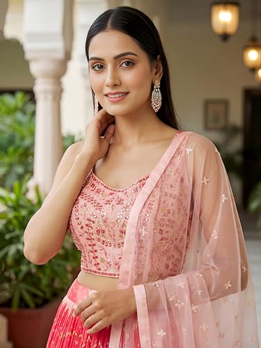 Zeel Clothing Women's Chinon Silk Embroidered Mirror Work Lehenga Choli with Dupatta (115-Pink-Women-Lehenga-Choli-Set; Free Size; Pink)