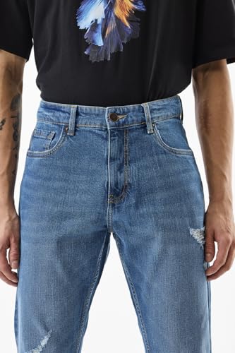 SNITCH Men Blue Jeans | Comfort Fit Mid Rise Straight Leg | Cotton Blend with Medium Stretch & Light Distressed Pattern | Casual & Street Wear for All Seasons