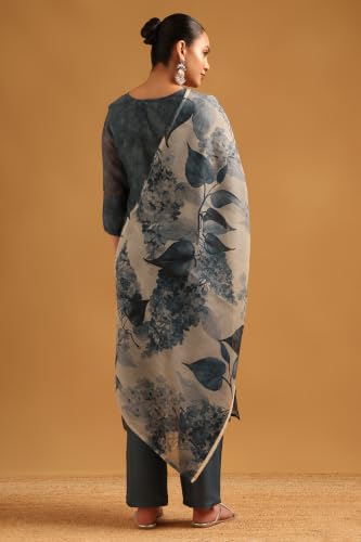Soch Womens Grey Chanderi Digital Printed Botanical Salwar Suit With Cutdana