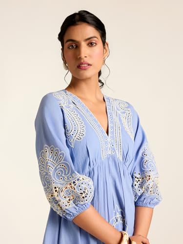 Label RITU KUMAR Powder Blue Hermione Full Sleeves Embroidered Short Dress