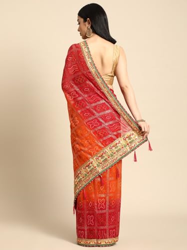 Pandadi Saree Women's Red Marble Georgette Mill Foil Bandhani with Intricate Work Border And Unstitched Blouse Piece