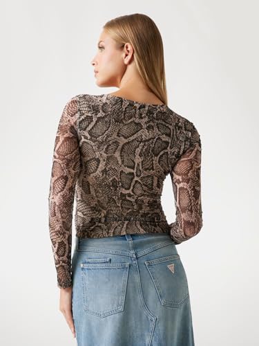 GUESS Women's Phyton Natural Skin Printed Asymmetrical Full Sleeve Bernardette Slinky Mesh Top