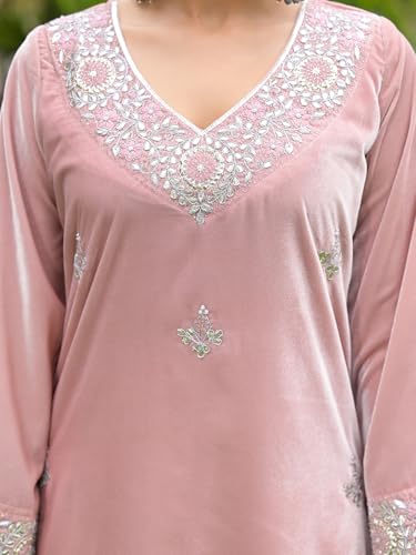 Divena Embroidered Pink Velvet Kurta Set