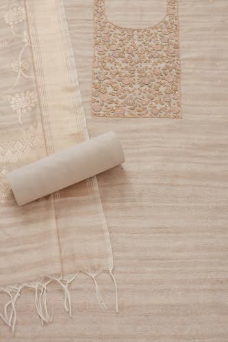 Soch Womens Cream Tussar Zari Woven Unstitch Dress Material With Thread Work