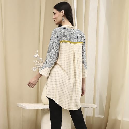 BIBA Women Ivory Printed Shirt-Style Straight Short Kurta_40