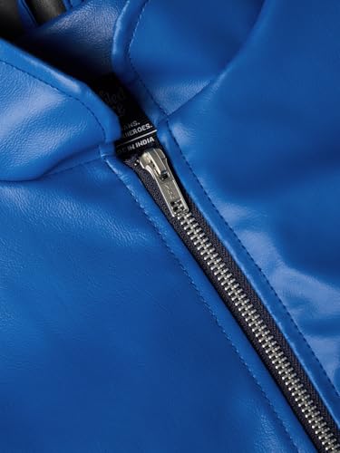 The Souled Store Biker Jacket: Blue Ranger Men and Boys Full Sleeves Mock Collar Blue and Black Colour-Block Polyester Regular Fit Breathable Zippered Closure Winter Biker Jacket