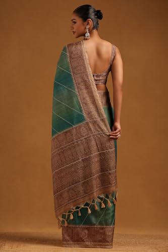 Soch Womens Teal Tussar Ethnic Motifs Saree With Thread Work