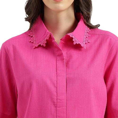 United Colors of Benetton Regular Fit Spread Collar Solid Lace Detail Slub Shirt (Size: M) - 26P5WVNTP309IPF1 Pink