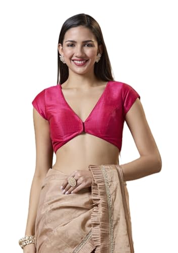 SALWAR STUDIO Pink Silk V Neck Readymade Blouse with Short Sleeves