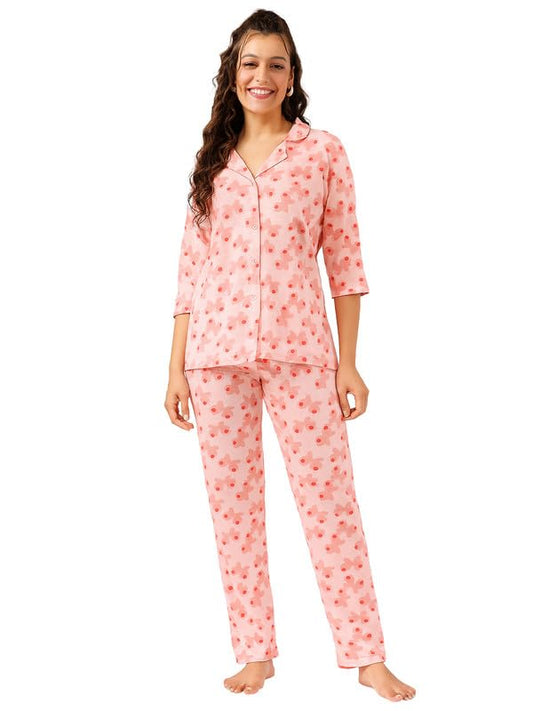 Clovia Women's Cotton Printed Button-Down Shirt & Pyjama Set (LS5585G34_Peach_L)