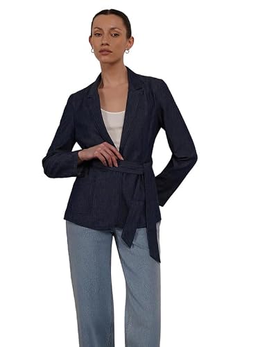 FableStreet Women Jacket | Casual Notch Lapel Button Front Regular Fit | Solid Denim Woven Fabric With Waist Belt For Daily Wear, Office & Evening Outings