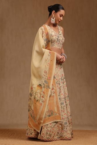 Soch Womens Beige Tissue Botanical Print Ghagra Choli With Thread Work