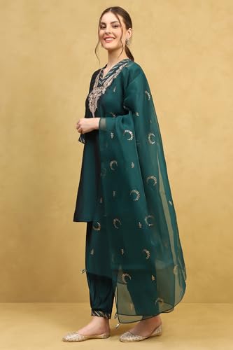 Rangriti Women Deep Green Polyester Blend Embroidered A-Line Kurta Set_36