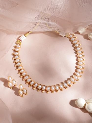 Rubans 22K Gold-Plated Handcrafted Artificial Jewelry Oval Choker Set with Pearl Studded And Matching Earrings For Women and Girls – Perfect for Weddings and Special Occasions