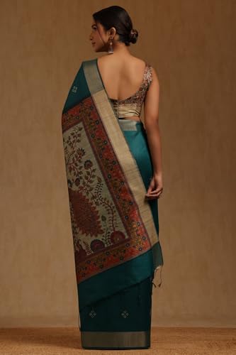 Soch Womens Teal Tussar Botanical Printed Sarees