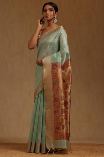 Soch Womens Powder Blue Tussar Floral Printed Saree