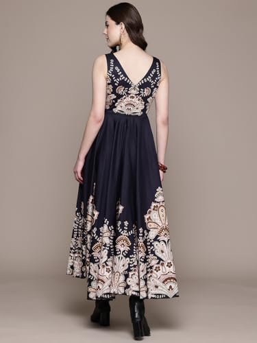 Label RITU KUMAR V Neck Sleevesless Printed Long Dress Black