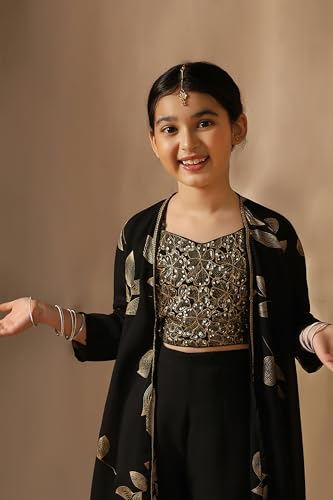 Fashion Dream Girl's Georgette Embroidered Salwar Suit Set|Suit for Girls|Salwar suit for kids|Ethnic Wear|Indo Western Set (FDGSET00504 BLK 40_Black_13-14 Years)