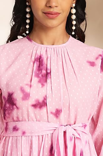 Janasya Women's Pink Dobby Georgette Tie-Dye Fit & Flare Dress(JNE4391-DR-M)