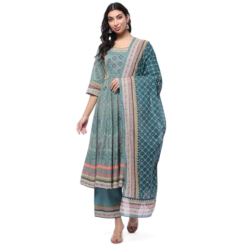 Biba Turquoise Cotton Anarkali Suit Set