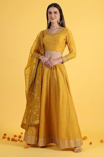 W for Woman Yellow Metallic Embroidery Crop Top & Skirt with Dupatta Set (Size: M)-24AUWS31123-400772
