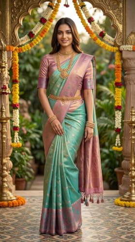 SREE KUMARAN Women's Kanchipuram Kubera Silk Pure Pattu Sarees | Unstitched Blouse (VSK3267-6)