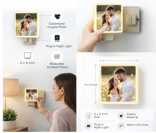 Personalized Couple LED Night Lamp with Custom Photo | 4x4 Inch Warm White Square Plug-in Wall Light for Bedroom, Anniversary, Wedding & Birthday Gift for Husband Wife (Warm Glow)