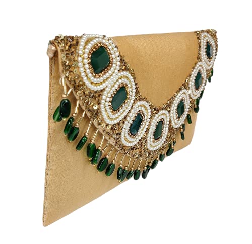 DUCHESS Women's Hand Embroidered Golden Green Clutch