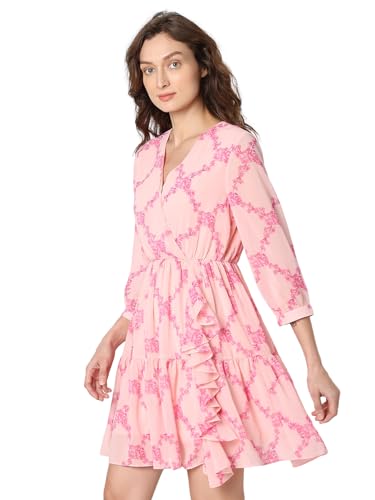 VERO MODA Women Floral Print Pink Polyester Above Knee Length Fit and Flared Dress