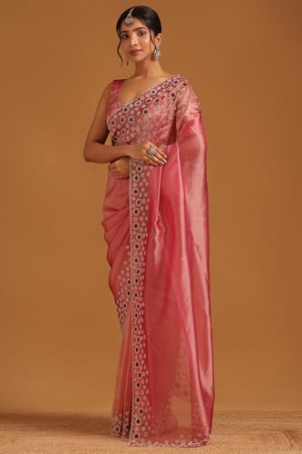 Soch Womens Blush Pink Tissue Floral Saree With Stone Work