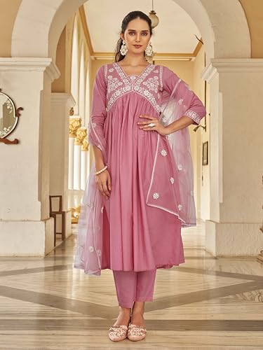 Womanista Women's Cotton Thread Alia Cut Flared Kurta With Pant And Dupatta (Kurtaset_1319_Xl)