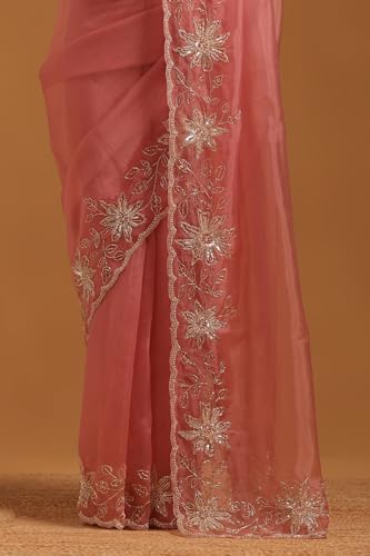 Soch Womens Pink Organza Floral Saree With Cutdana