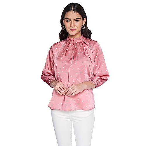 AND Polka Dots Polyester Mandarin Womens Top (Pink, 10)