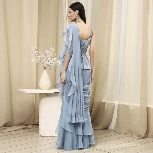 BIBA Women Ice Blue Peplum Pre-Draped Saree_30