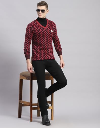 Monte Carlo Mens Pink Self Design V Neck Full Sleeve Wool Blend Casual Sweater (1239277VN-1-40)