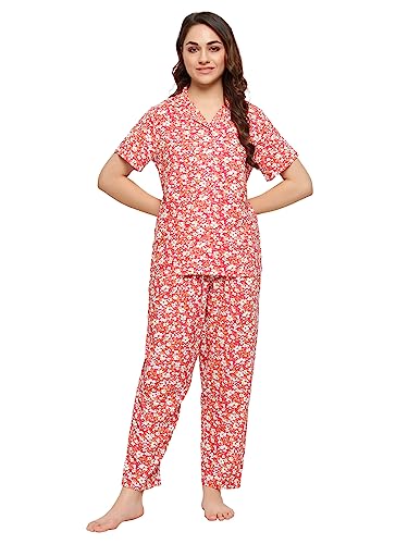 Clovia Women's Rayon Pretty Florals Button Down Shirt & Pyjama Set (LS0385G14_Pink_M)