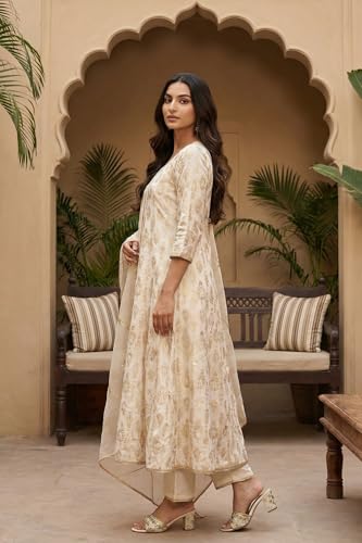 W for Woman Off White Zari Work Jacquard Anarkali Kurta with Straight Pant and Dupatta Set - (WS13229-314322-3XL)