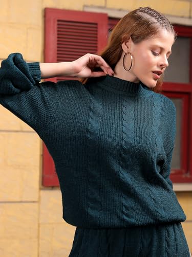 Kvetoo Woolen High Neck Sweater with Pajama Tracksuit for Women Winter Wear Co-ord Set Teal Size L