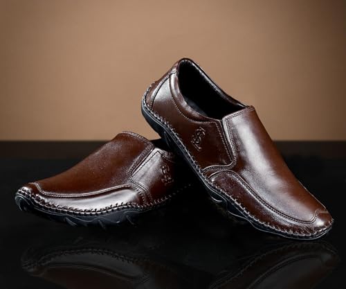 LOUIS STITCH Brunette Brown Genuine Leather Formal Slip On Shoes for Men | Ultra Lightweight and Flexible Rubber Sole Men’s Slipon Loafer Shoes | LSAXSO | UK-9