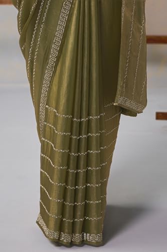 Soch Womens Light Olive Fendy Organza Embellished Saree With Stone Work