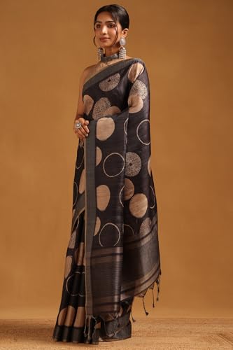 Soch Womens Charcoal Tussar Geometric Printed Saree