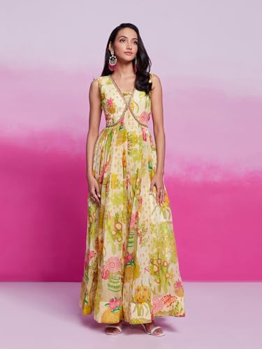 FUSIONIC Floral Print Anarkali Gown Cream