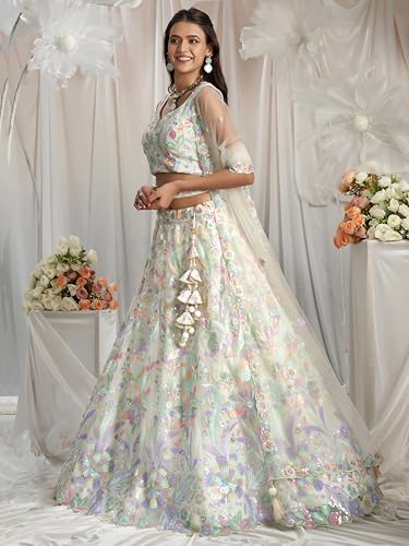 Zeel Clothing Women's Sequins Embroidered Work Soft Net Lehenga Choli With Dupatta (6020-White-Women-Lehenga-Choli-New; Free size)