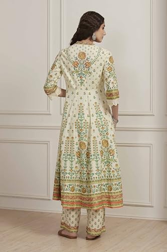 Biba Women Cream-Toned Cotton Printed Kalidar Suit Set_34