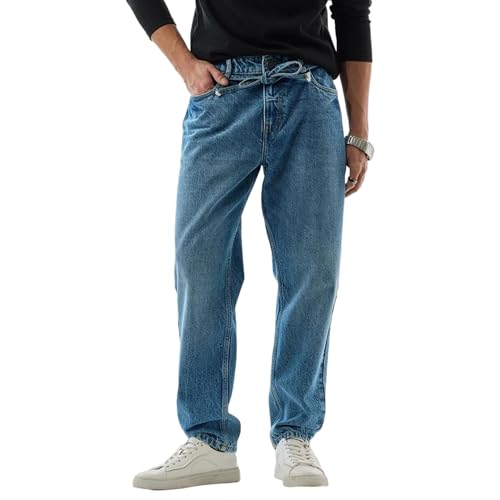 SNITCH Men's Clean Look Jeans | Casual Wear| College Street Wear Streetwear Style | Baggy Fit Button Blue