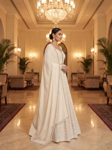 RUDRAPRAYAG Georgette And Santoon Embroidered Ankle Length Anarkali Gown For Women White
