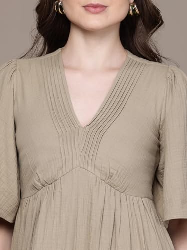 Label RITU KUMAR V Neck Solid Short Dress Olive