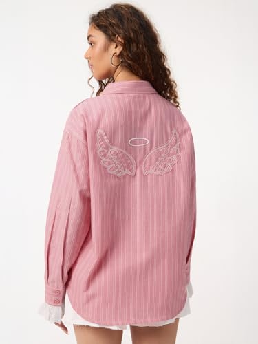 The Souled Store Statement Shirt: Angel Eyes Women and Girls Full Sleeves Spread Collar Pink Striped Cotton Oversized Fit Embroidered Back Lightweight All-Season Shirt