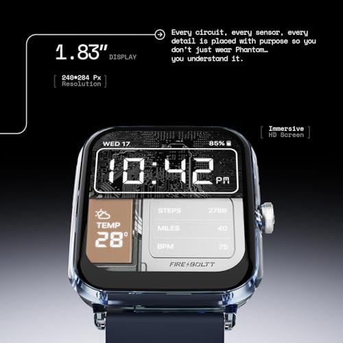 Fire-Boltt Ninja Phantom Smart Watch 1.83” Display, Transparent Clear Body Design, Bluetooth Calling, 120+ Sports Modes, Voice Assistant, AI Outfit Watch Face Smartwatch for Men & Women Stealth Navy