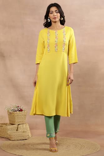 W for Woman W Women Yellow Solid Viscose Kurta Set With Slim Pant_24ONWS11965-218195_XS